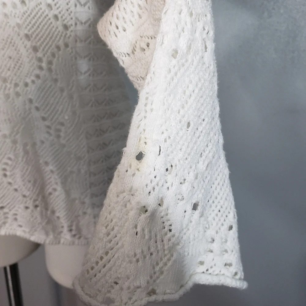 Macbeth Collection White Crochet Pointelle Knit Bell Sleeve Pullover Sweater Top